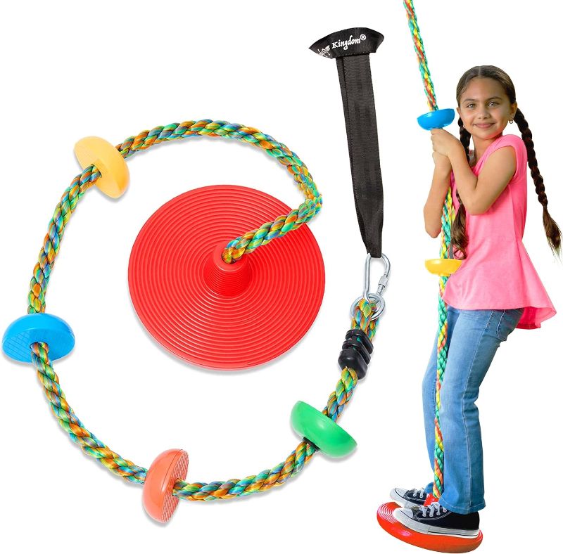 Photo 1 of Jungle Gym Kingdom Tree Swing for Kids - Single Disc Seat and Rainbow Climbing Rope Set w/Carabiner and 4 Foot Strap - Treehouse and Outdoor Playground Accessories - Red
