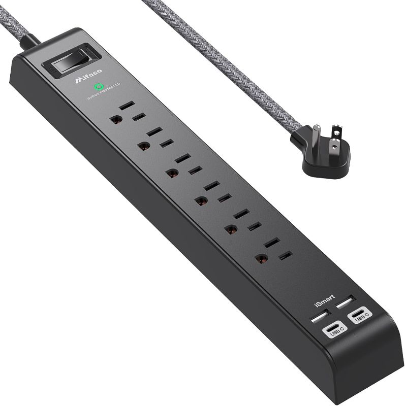 Photo 1 of Surge Protector Power Strip with 4 USB Ports 2 USB-C 6 AC Outlets, Flat Plug Extension Cord 10 ft, USB Charging Station, Wall Mountable for Home, Office, Dorm Essentials, 1080J, ETL Listed