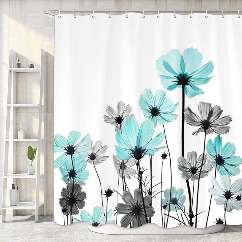 Photo 1 of Teal Shower Curtain, Rustic Elegant Floral Turquoise and Gray Daisy Flower Bathroom Curtains, Cute Wildflower Design Farmhouse Plant Turquoise Blue and Grey Shower Curtain Liner with Hooks,72x72Inch
