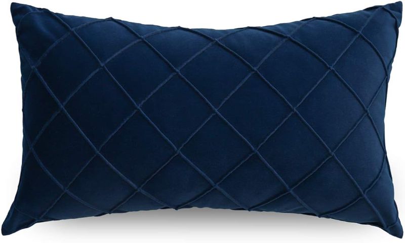 Photo 1 of PLWORLD Navy Blue Lumbar Pillow Cover 12x20 Inch, Pleated Decorative Small Throw Pillow Case, Soft Velvet Textured Cushion Case for Couch Bedroom, 1PC Cover Only No Insert

