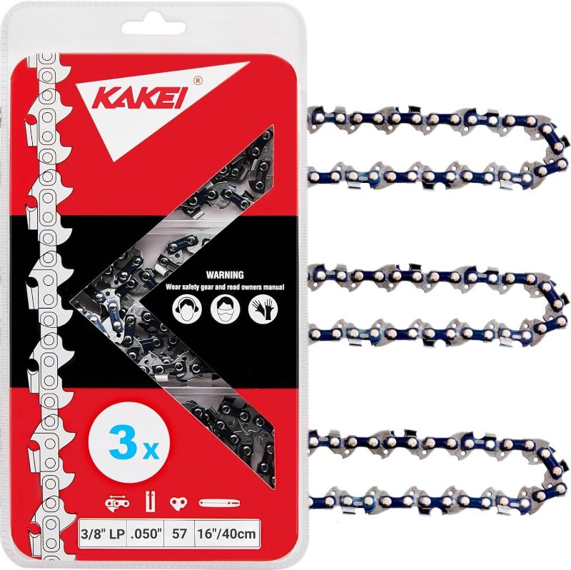 Photo 1 of KAKEI 16 Inch Chainsaw Chain 3/8" LP Pitch, 050" Gauge, 57 Drive Links Fits Echo 91PX57CQ / 91VG57CQ and More- S57 (3 Chains)
