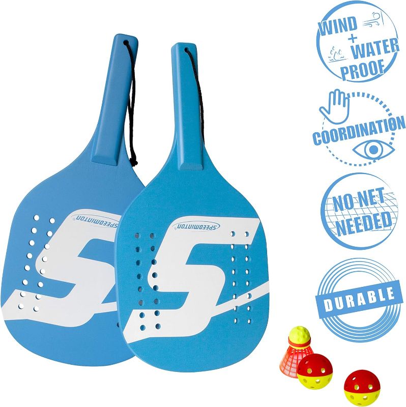 Photo 1 of Speedminton Light Wooden Beach Paddle 2 Player Set - Incl. 2 Balls & 1 Original Fun Speeder Birdie - Perfect Alternative to Smashball & Beach Tennis, Blue (SM01-PADDLE-12)
