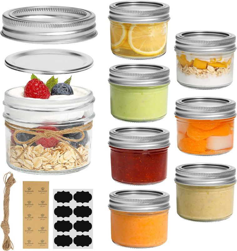 Photo 1 of ComSaf Mini Mason Jars 4oz - 8 Pack, Regular Mouth Mason Jar with Lids and Seal Bands, Small Glass Canning Jar for Spice, Jam, Honey, Jelly, Dessert, Shower Wedding Favors, DIY Candles Decor
