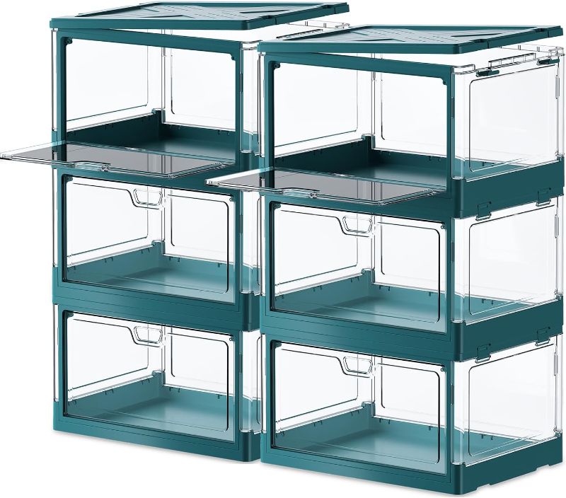 Photo 1 of PRANDOM Stackable Clear Storage Bins with Lids,140 Qt Plastic Foldable Organizer Containers Boxes with Doors for Organizing Closet Bathroom Bedroom Green 15x11.2x8.6 x 6-Pack
