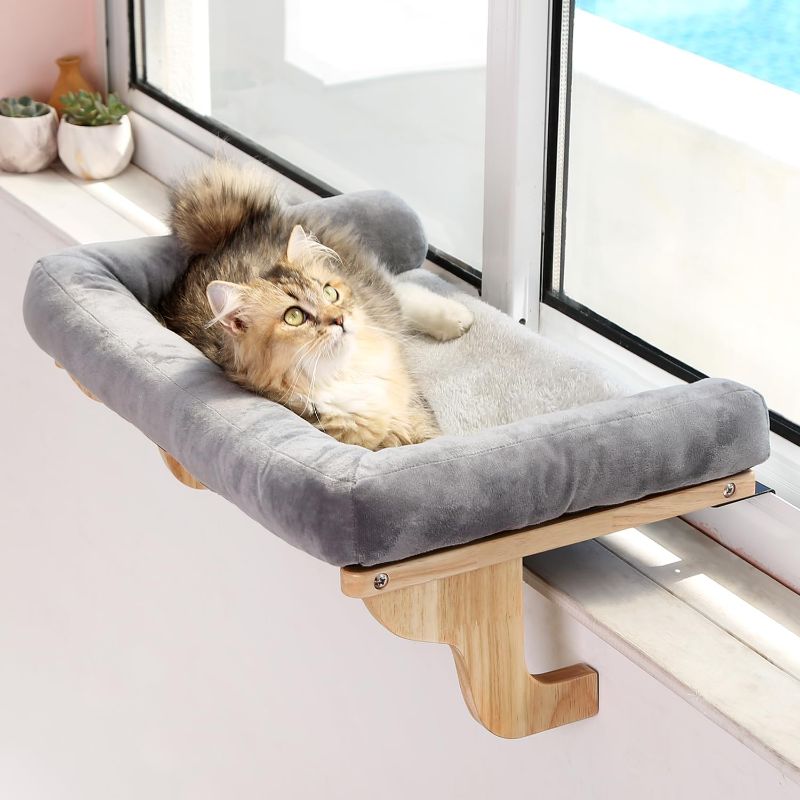 Photo 1 of Cat Perch for Window Sill with Bolster - Orthopedic Hammock Design with Premium Hardwood & Robust Metal Frame - Cat Window Seat for Large Cats and Kittens - Nartural Color Wood with Gray Bed
