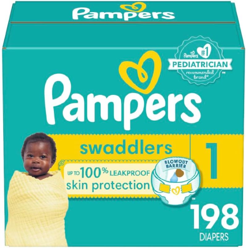 Photo 1 of Pampers Swaddlers Diapers - Size 1, One Month Supply (198 Count), Ultra Soft Disposable Baby Diapers
