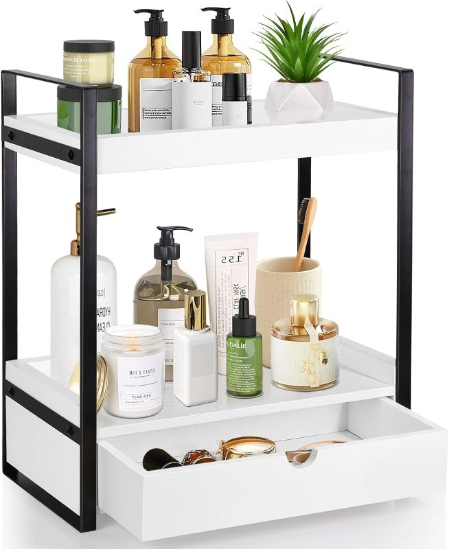 Photo 1 of 2-Tier Bathroom Organizer Countertop with Drawer, Wood Counter Shelf for Bathroom Storage, Vanity Tray for Bathroom Organization and Decor, Countertop Organizer for Bathroom, Kitchen, Office (White)

