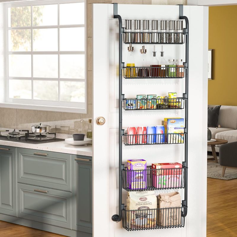 Photo 1 of 1Easylife Over the Door Pantry Organizer, 6-Tier Pantry Door Organization and Storage, Heavy-Duty Metal Hanging Kitchen Spice Rack Can Organizer, Space-saving (4x4.72+2x5.9 Width Baskets, Black)
