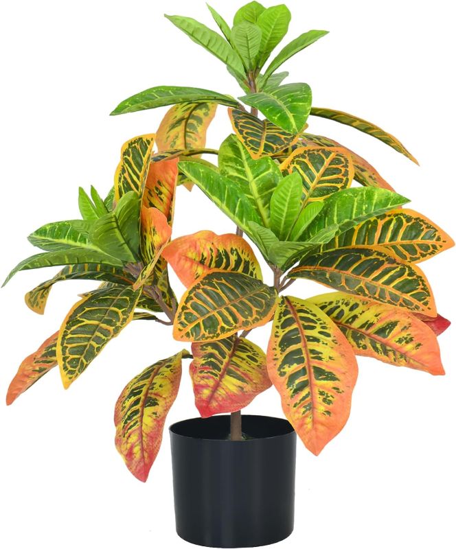 Photo 1 of Fake Plant Artificial Croton Plant, 23.6'' Tall with Colorful Leaves Faux Croton Palm Tree in Pot Decorative, Faux Plant Artificial Plants for Home Decor Indoor (23.6''-1Pc)
