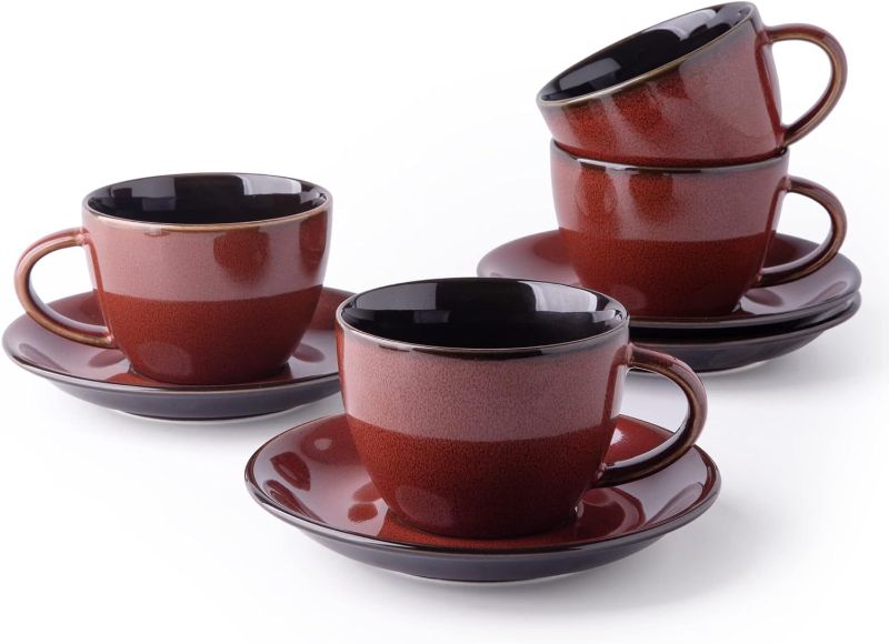 Photo 1 of 10 oz Ceramic Cappuccino Cups with Saucers,Modern Cappuccino Mug Set of 4 for Kitchen or Cafe,Oven &Microwave& Dishwasher Perfect For Au Lait, Double shot, Latte, Cafe Mocha, Tea -Red
