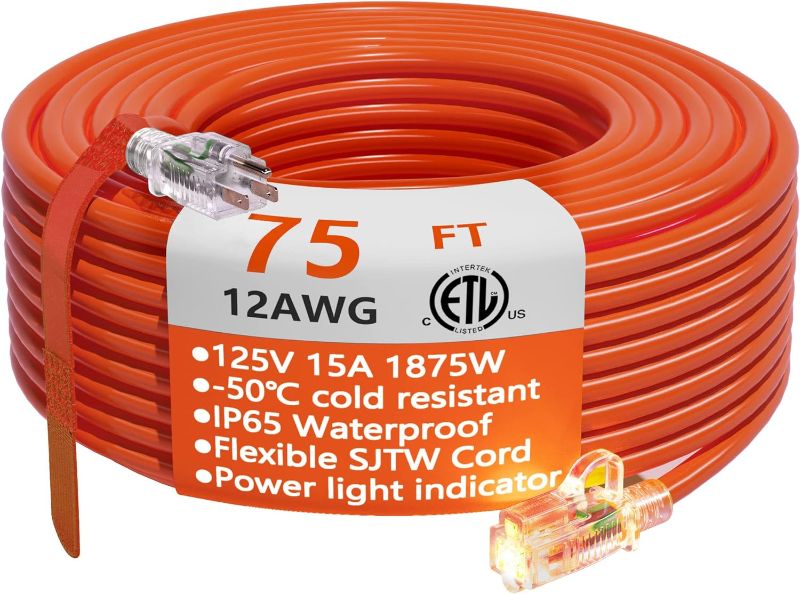 Photo 1 of HUANCHAIN 12/3 Gauge Heavy Duty Outdoor Extension Cord 75 ft Waterproof with Lighted end, Flexible Cold-Resistant 3 Prong Electric Cord Outside, 15Amp 1875W 12AWG SJTW, Orange, ETL
