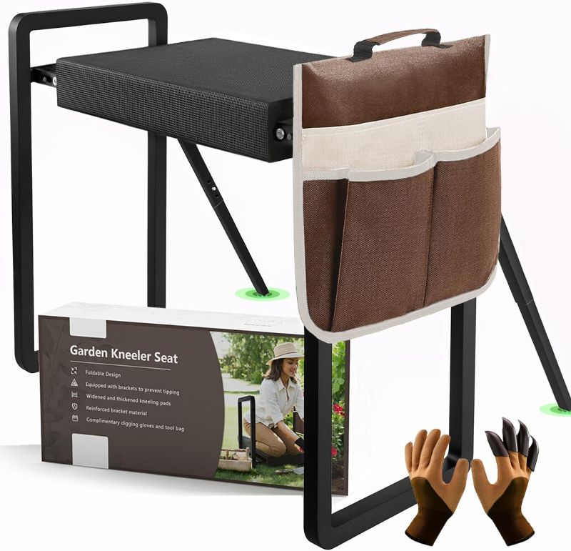 Photo 1 of seasky Foldable Garden Kneeling and Seat, Garden Stool Widened Thick Soft Kneeling Pad, Heavy Duty Gardening Stool with Garden Tool Bag and Claw Gloves, Gardening Gift for Parents Black