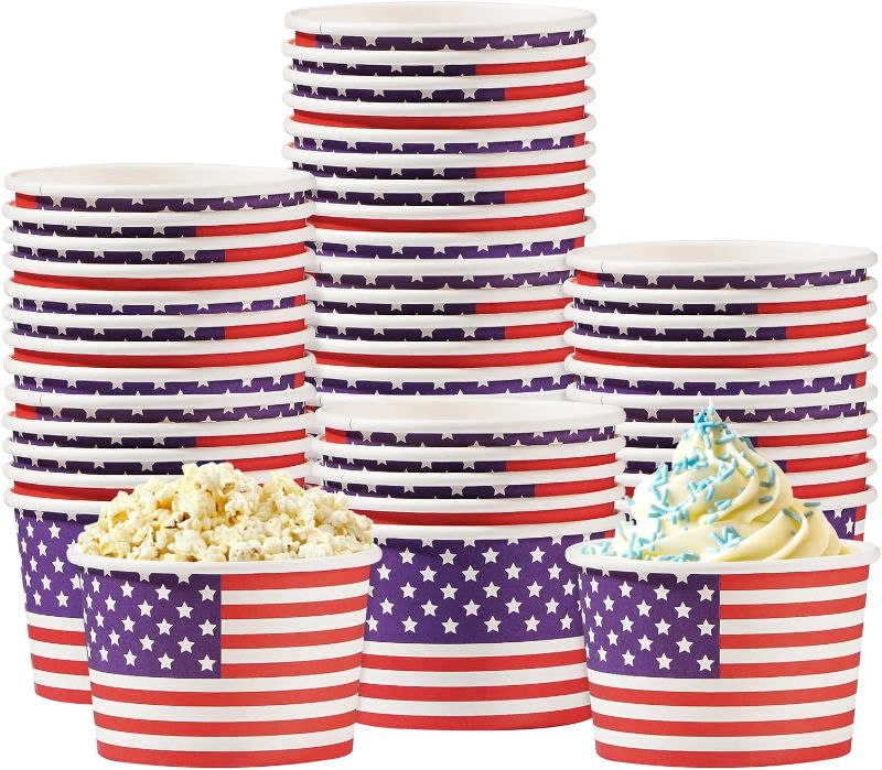 Photo 1 of 100Pcs American Flag Ice Cream Cups Patriotic Party Supplies 11oz Ice Cream Bowls Disposable Red Blue White Stars & Stripes Design Paper Snack Cups for 4th of July Independence Day Birthday Decor
