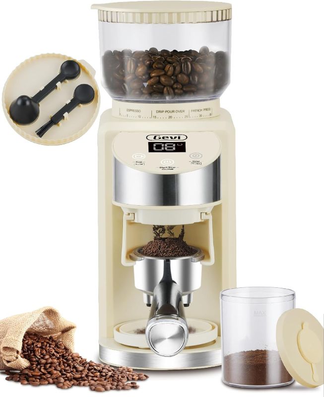 Photo 1 of Gevi Burr Coffee Grinder, Adjustable Burr Mill with 35 Precise Grind Settings, Electric Coffee Grinder for Espresso/Drip/Percolator/French Press/American/Turkish Coffee Makers, 120V/200W, Ivory White 10.98in*6.78in*10.56in Beige White