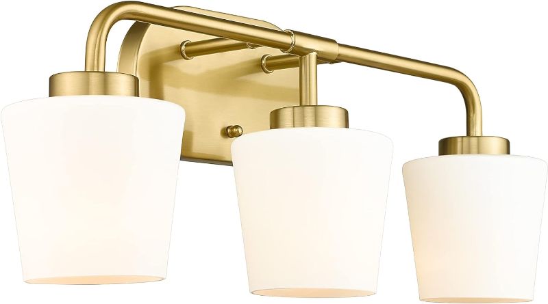 Photo 1 of Brushed Gold Bathroom Vanity Light, Farmhouse Brass Sconces Wall Lighting with Milk White Glass, 3-Light Champagne Bronze Light Fixture Over Mirror, AD-22004-3W-GD
