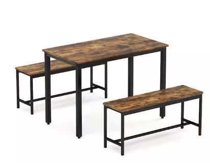 Photo 1 of 3-Piece Wood Outdoor Dining Set, 2-Dining Benches, Kitchen Table Counter, Industrial for Kitchen Breakfast Table, Brown
