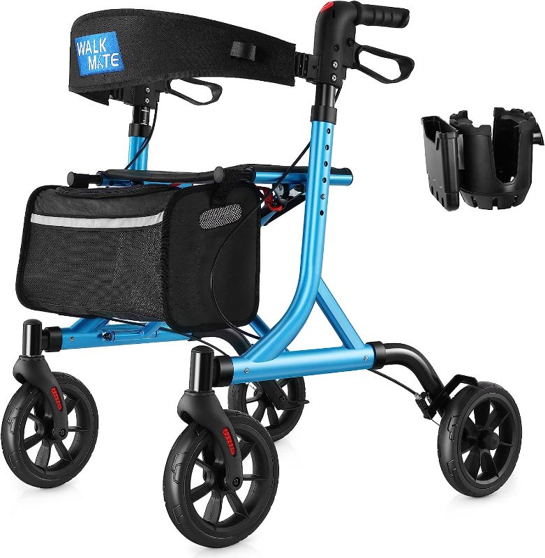 Photo 1 of Rollator Walker for Seniors with Cup Holder, Upgraded Thumb Press Button for Height Adjustment, 4 x 8" Wheels Walker with Seat Padded Backrest Folding Lightweight Walking Aid, Blue

