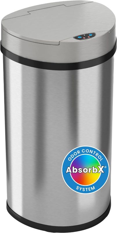 Photo 1 of iTouchless 13 Gallon Kitchen Trash Can with Odor Control System, Stainless Steel Extra-Wide Opening Touchless Automatic Garbage Bin, Brshed Silver, Semi Round, Sensor