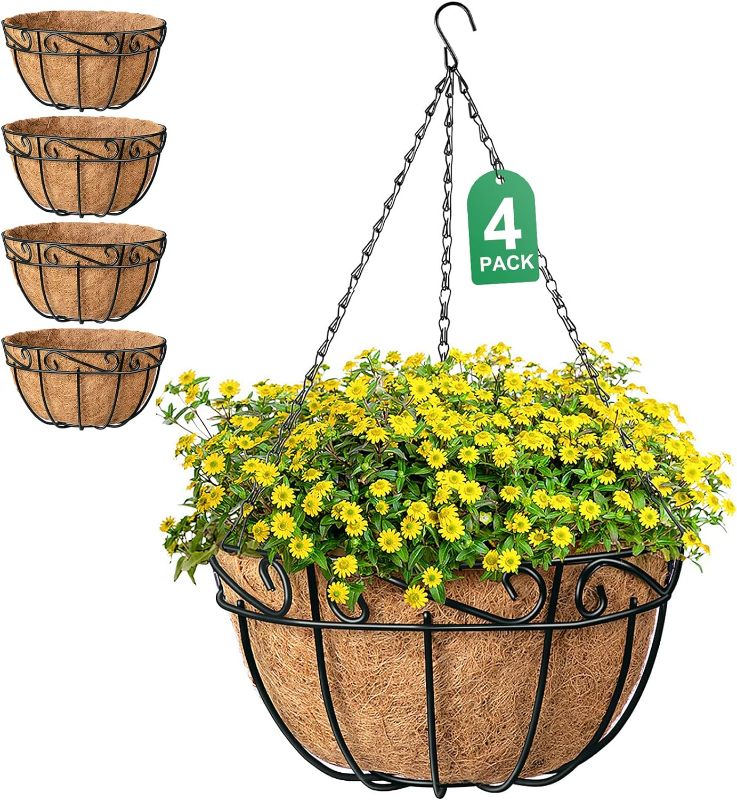 Photo 1 of 12 inch Metal Hanging Baskets For Plants Outdoor 4 Pack Round Metal Wire Hanging Basket Planter with Coco Fiber Liners Chain Round Wire Plant Holder for Garden, Patio, Deck, Porch Plants Flower Potss