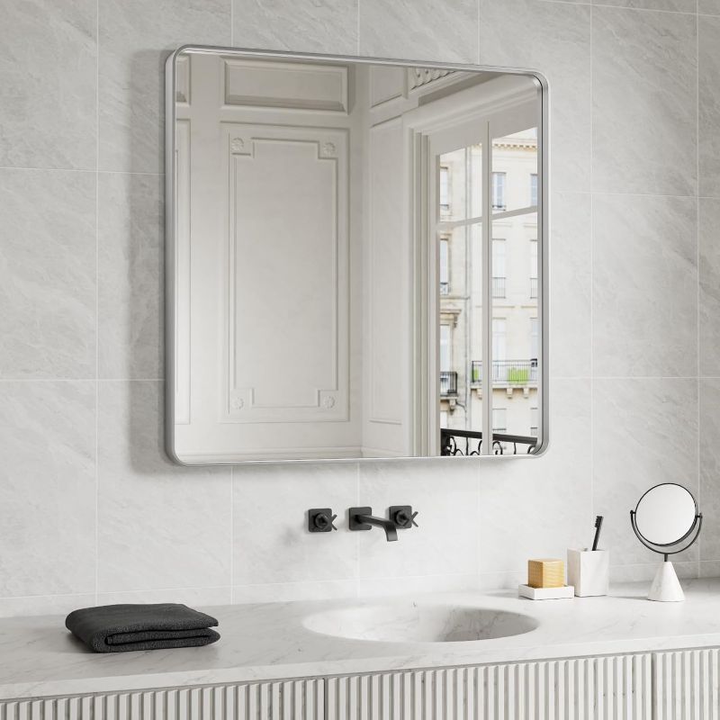 Photo 1 of 38 x 38 Inch Brushed Silver Bathroom Mirrors for Wall, Rectangular Metal Framed Farmhouse Mirror, Bathroom Vanity Mirror with Tempered Glass, Rounded Corner, Anti-Rust
