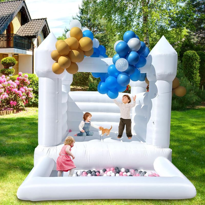 Photo 1 of King Inflatable White Bounce House Castle with Ball Pit&Air Blower, White Jumper Bouncy Castle Wedding Decorations Jumping Bed for Party, 8' x 10' x 8'