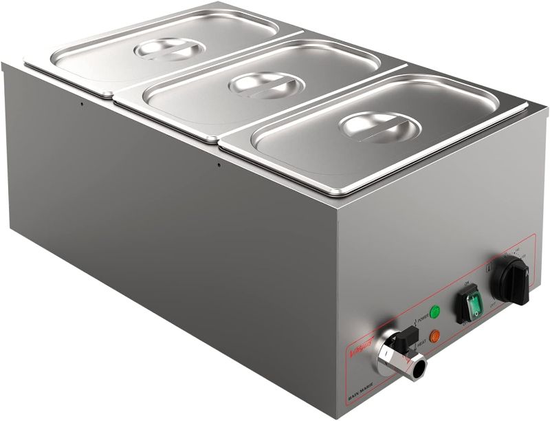 Photo 1 of Valgus Commercial Grade Stainless Steel 3 Sections 17 Qt Bain Marie Food Warmers Electric Countertop Steamer with Lid and Tap for Parties, Banquet and Catering Events
