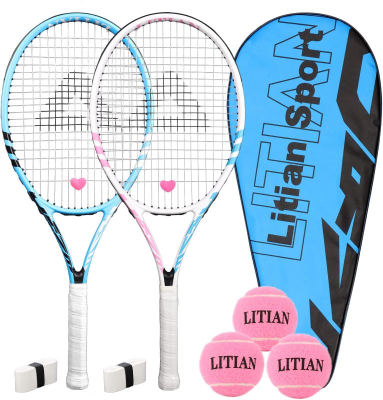 Photo 1 of LiTian Tennis Racket?27 Inch Tennis Rackets for Adults 2 Pack, for Adults Students Women Men and Beginners(Blue and Pink)  MISSING BALLS 
