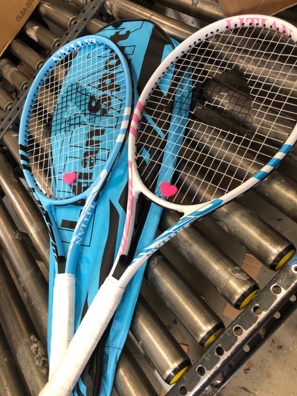 Photo 2 of LiTian Tennis Racket?27 Inch Tennis Rackets for Adults 2 Pack, for Adults Students Women Men and Beginners(Blue and Pink)  MISSING BALLS 
