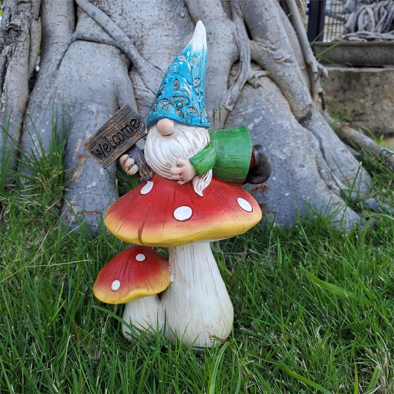 Photo 1 of Garden Gnome Statue Outdoor Decor - Garden Gnomes Holding Welcome Sign Sitting on Mushroom Statue for Garden Yard Patio Lawn Decorations,Gnome Gifts
