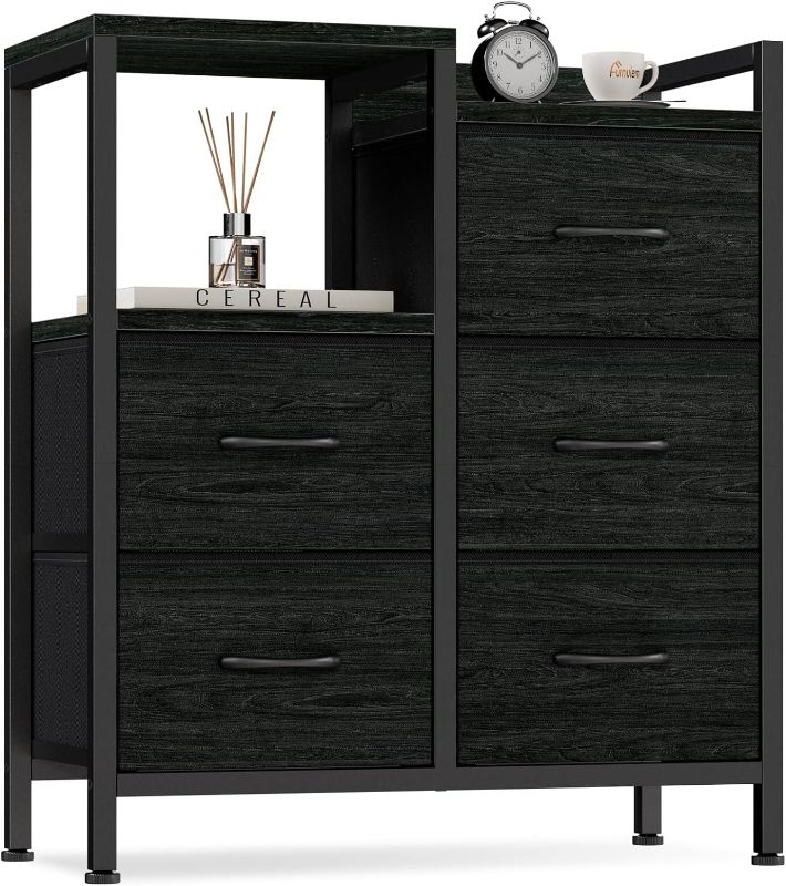Photo 1 of Furnulem Dresser for Bedroom with 5 Fabric Drawers,Small Chest Organizer Unit with 2-Tier Storage Shelf for Bedside,Closet,Entryway,Living Room,Nursery - Sturdy Frame & Wooden Top(Black Oak)