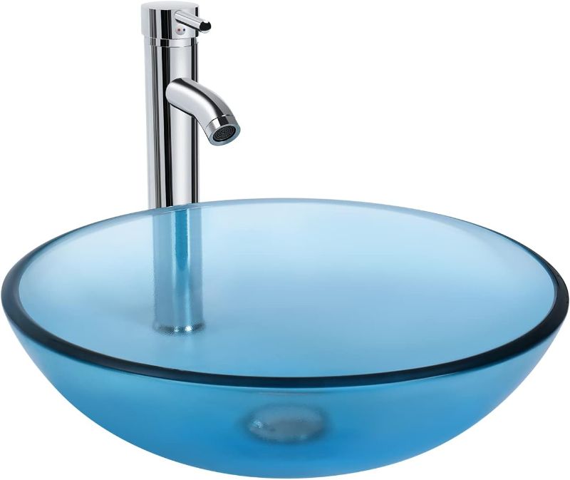 Photo 1 of Bathroom Round Glass Vessel Sink Basin with Faucet Pop-Up Drain (Blue)