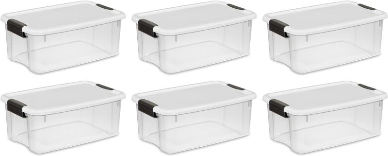 Photo 1 of Sterilite 18 Qt Ultra Latch Box, Stackable Storage Bin with Lid, Plastic Container with Heavy Duty Latches to Organize, Clear and White Lid, 6-Pack
