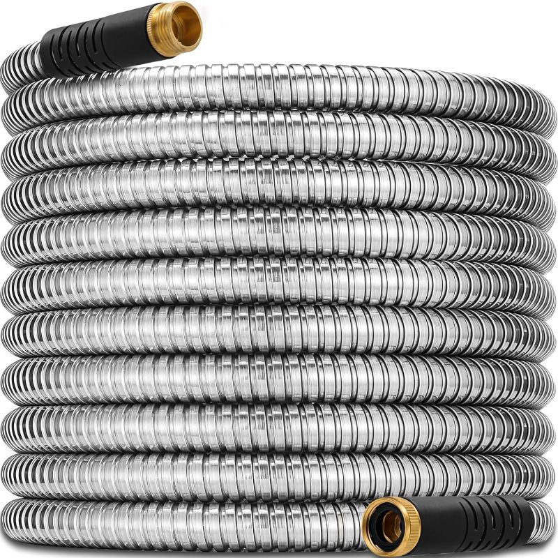 Photo 1 of  Metal Garden Hose - Heavy Duty Stainless Steel Water Hoses with 3/4''Solid Brass Fittings,Flexible, Lightweight,No Kink &Tangle, Rust Puncture Proof Car washing pipe for Yard, Outdoors, Rv
