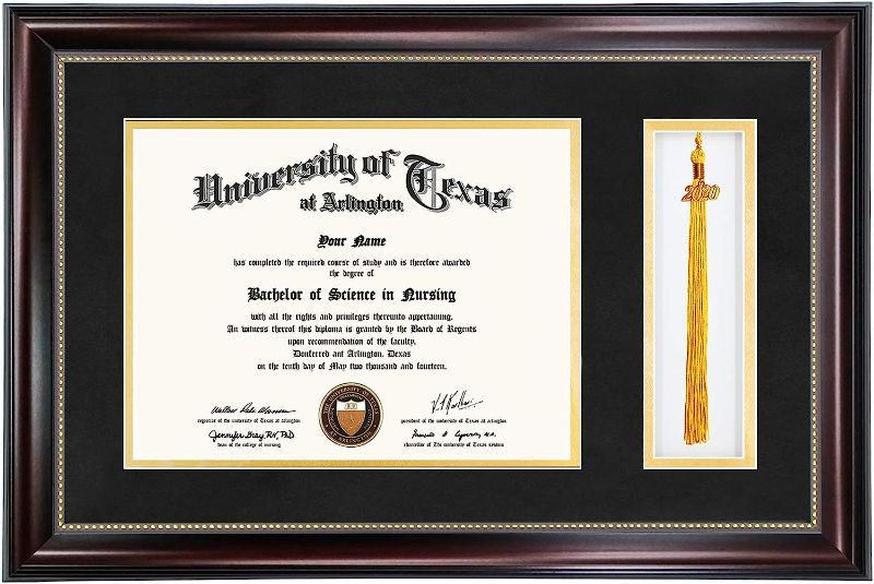 Photo 1 of GraduationMall 11x17 Mahogany Diploma Frame with Tassel Holder for 8.5x11 Certificate Document,Real Glass, Black over Gold Mat