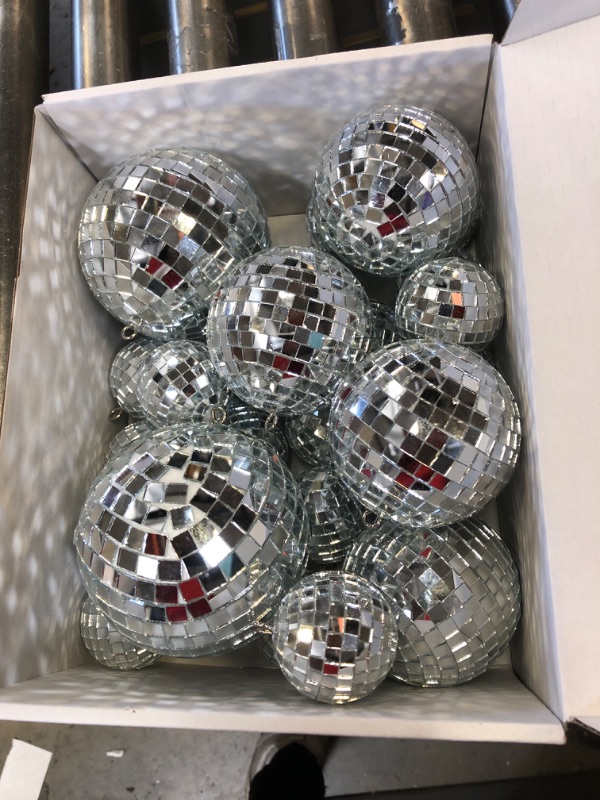 Photo 2 of 24 Pcs Mirror Disco Ball Hanging, Glass Disco Ball Decor, Silver Disco Party Decorations, Disco Ball Ornament for Holiday Party Decor with Rope (4 Inch, 3. 2 Inch, 2 Inch) 4", 3.2", 2"