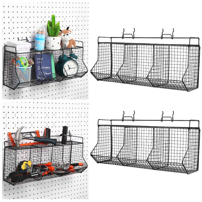 Photo 1 of 2 Pcs Tiered Pegboard Baskets Bins Set with 4 Pegboard Hooks Black Pegboard Parts Storage System Metal Garage Pegboard Tool Organizer for Workbench Bathroom Kitchen Accessory Storage (3 Grid)