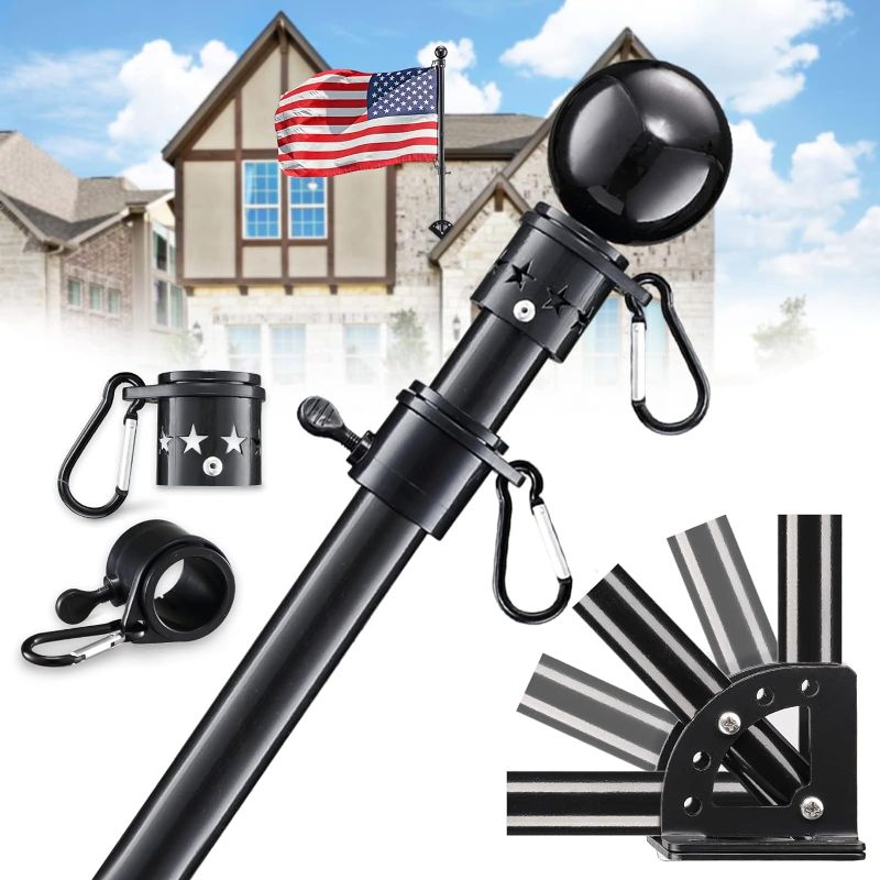 Photo 1 of House Flag Pole Kit - 5ft Heavy Duty Metal Flag Pole Holder for Outside House,Tangle Free 3x5 Flagpole with Multi-Position Mounting Bracket for Porch,Outdoor,Truck,Jeep,Boat
