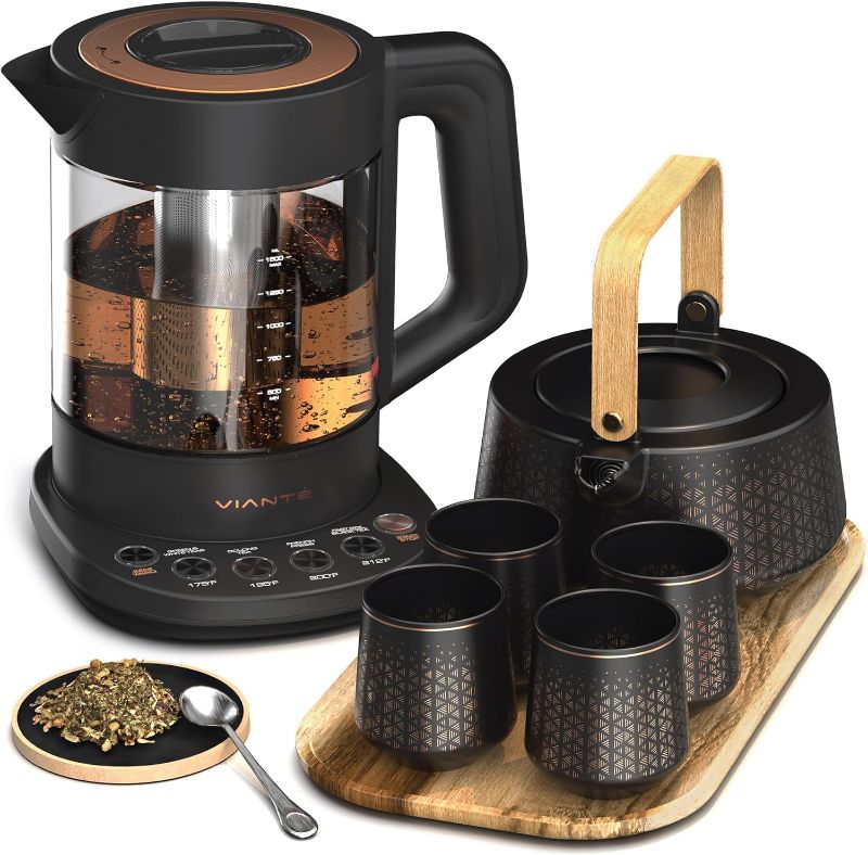 Photo 1 of Vianté Luxury Tea Set. Electric Kettle with Tea Infuser for Loose Leaf Tea And Ceramic Serving Set. Tea Pot And Cups Set With Wooden Tray. Excellent Gift Idea For Tea Lovers.
