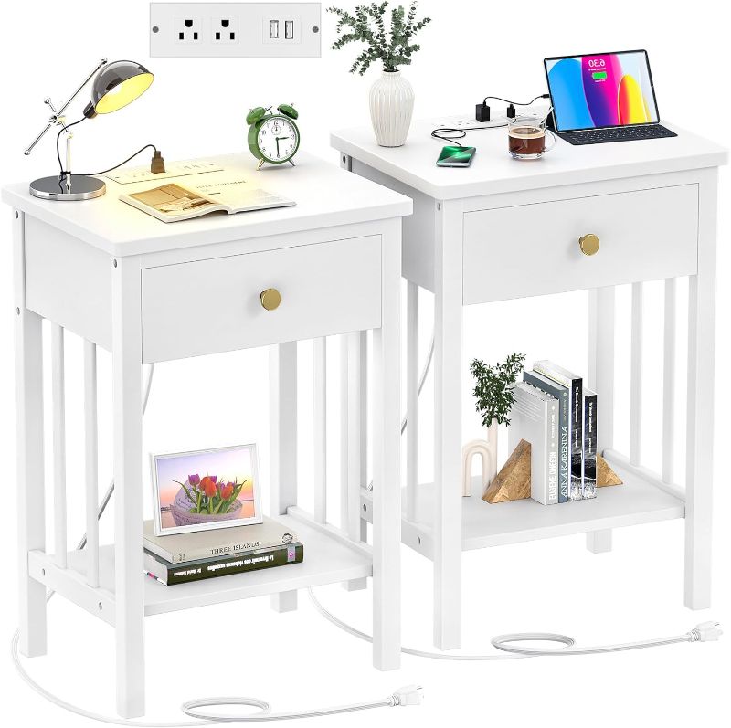 Photo 1 of White Nightstand with Charging Station Set of 2, Bamboo Bedside Table End Table with USB Ports and Outlets for Bedroom Living Room Small Space
