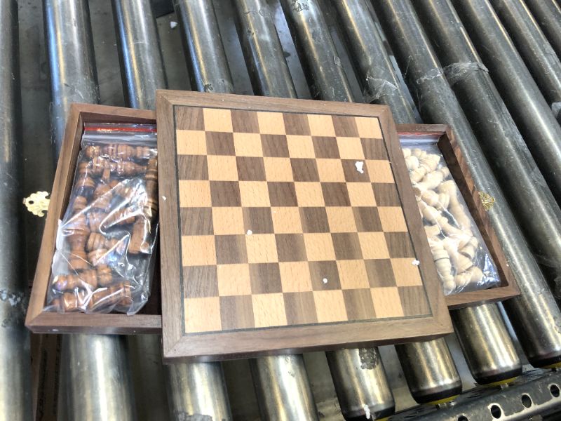 Photo 3 of Classic Strategy Chess Board Game Set - Inlaid Wood Magnetic Chess Board with Storage Drawer for Hand-Carved Staunton Chessmen by Trademark Games Walnut