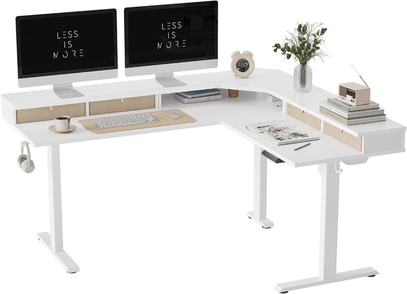 Photo 1 of FEZIBO 63" L Shaped Standing Desk with 4 Drawers, Electric Standing Gaming Desk Adjustable Height, Corner Stand up Desk with Splice Board, White Frame/White Top
