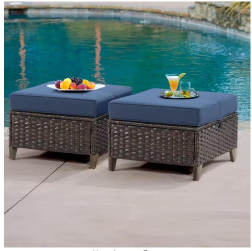 Photo 1 of Wicker Outdoor Patio Ottoman with Deep Blue Cushions (Set of 2)
