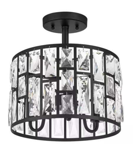 Photo 1 of Kristella 12.5 in. 3-Light Matte Black Semi Flush Mount Light with Clear Crystal Shade
