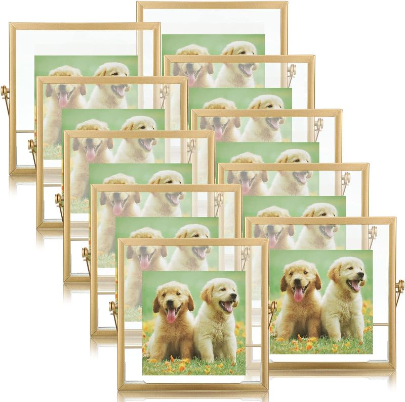 Photo 1 of Hoteam 12 Pack Floating Frame Glass Photo Frame Collection Vintage Metal Minimal Ornate Easel Stand Photo Frames Vertical Glass Frame for Pictures Photos Desk Tabletop Display 4 x 4 Inch (Gold)
