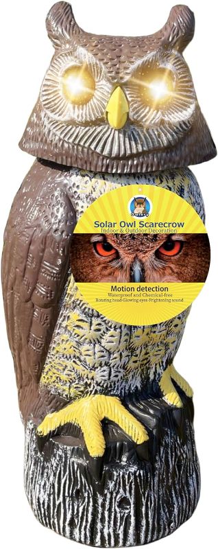 Photo 1 of Solar Owl with Detection, Flashing Eyes, Spinning Head and Realistic Hoots, Plastic Owl Decoration for Home, Garden, Patio and Fence
