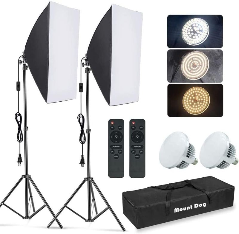 Photo 1 of MOUNTDOG Softbox Lighting Kit, 2x19.7"x27.5" Photography Continuous Lighting System with 2pcs 85W 5700K E27 Socket LED Bulbs and Remote for Portrait Product Fashion Photography
