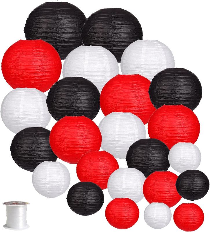 Photo 1 of 24pcs Hanging Round Paper Lanterns for Wedding Birthday Party Baby Showers Decoration Black/Red
