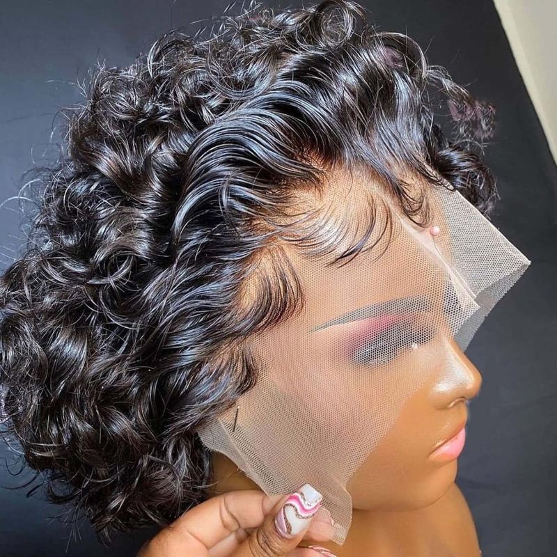 Photo 1 of Short Curly Pixie Cut Lace Front Wigs 6 inch, 13X1 Human Hair HD Lace Front Wigs Plucked for Black Women 6 Inch, Natural Black
