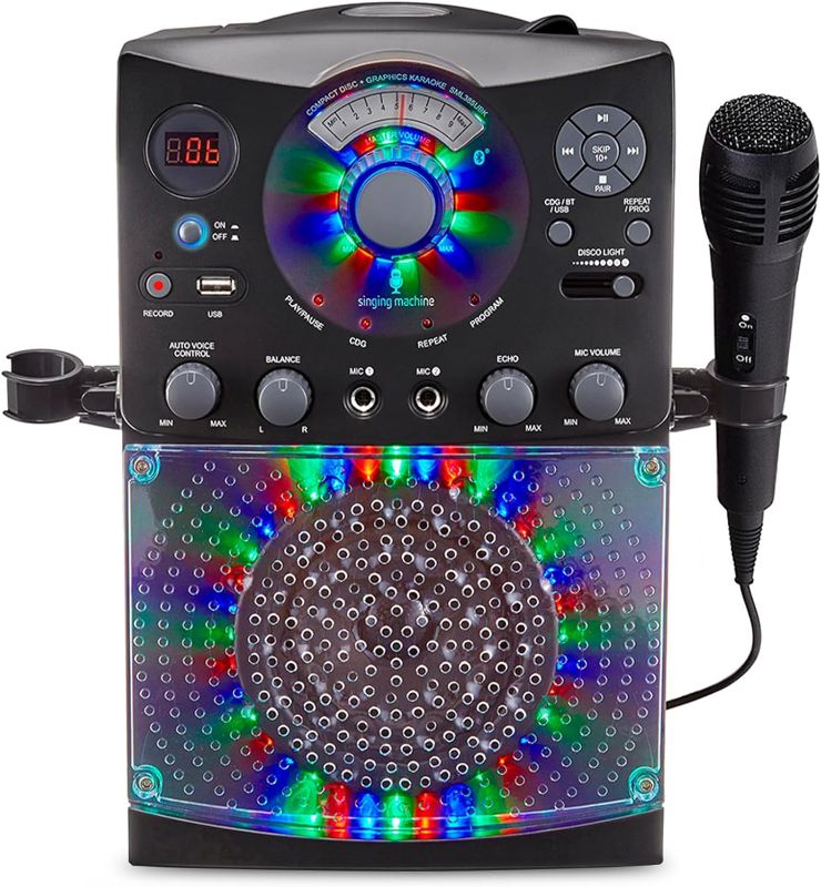 Photo 1 of Singing Machine Karaoke Machine for Kids and Adults with Wired Microphone - Built-In Speaker with LED Disco Lights - Wireless Bluetooth, CD+G & USB Connectivity - Black 