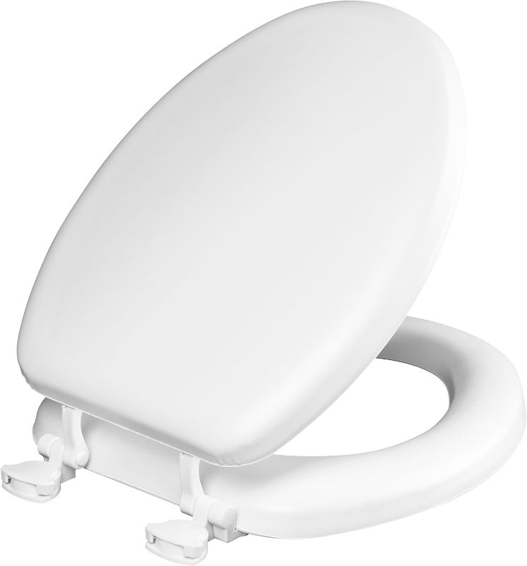 Photo 1 of Mayfair Padded Toilet Seat, Cushioned Soft Vinyl over Wood Core Seat, Secure Hinges, Easy Clean, Elongated, White
